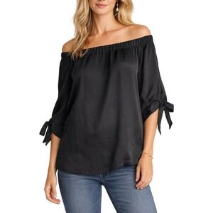 Johnny Was Jade Silk Off Shoulder Blouse Black Tie Sleeve XL Extra Large